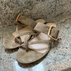 Veronica Beard Salva Raffia Buckle Suede Flat Sandals